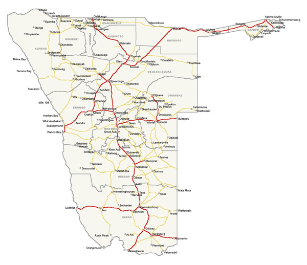 Detailed simplified roads map of Namibia. Namibia detailed simplified roads map.