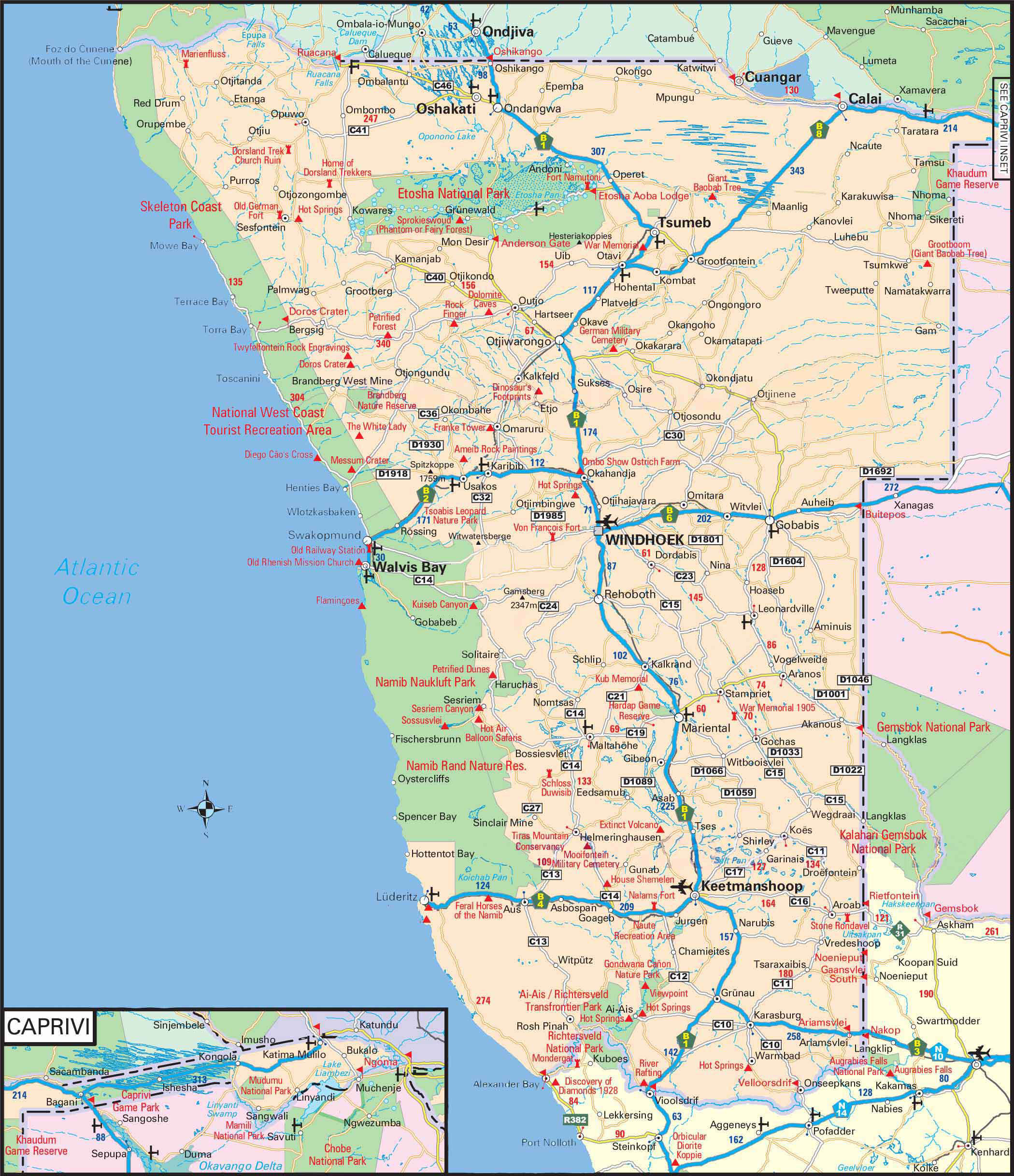 Large Detailed Road Map Of Namibia 