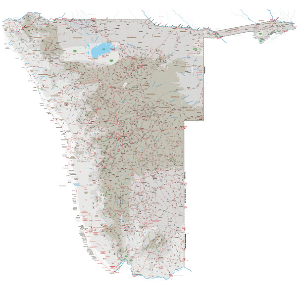 Large detailed road map of Namibia with all cities, villages and other.