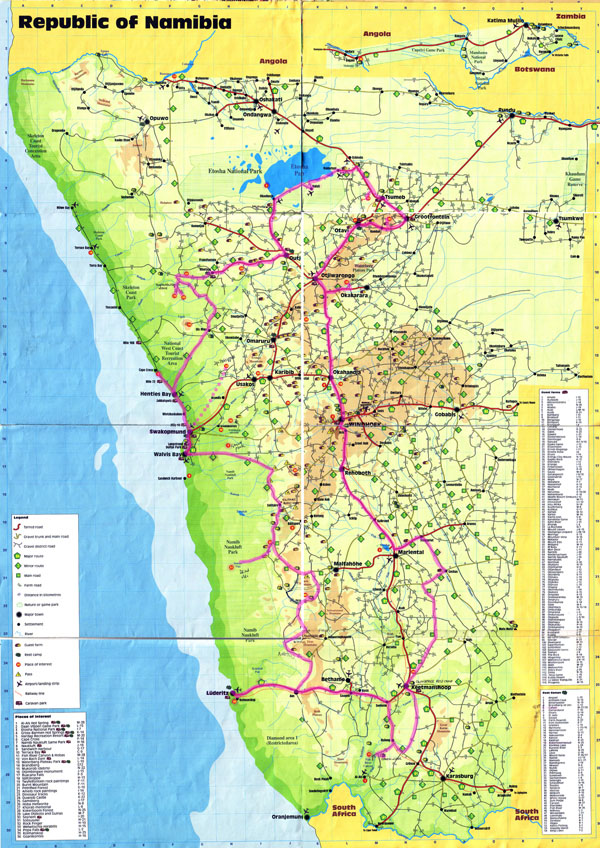 Large detailed travel map of Namibia. Namibia large detailed travel map.