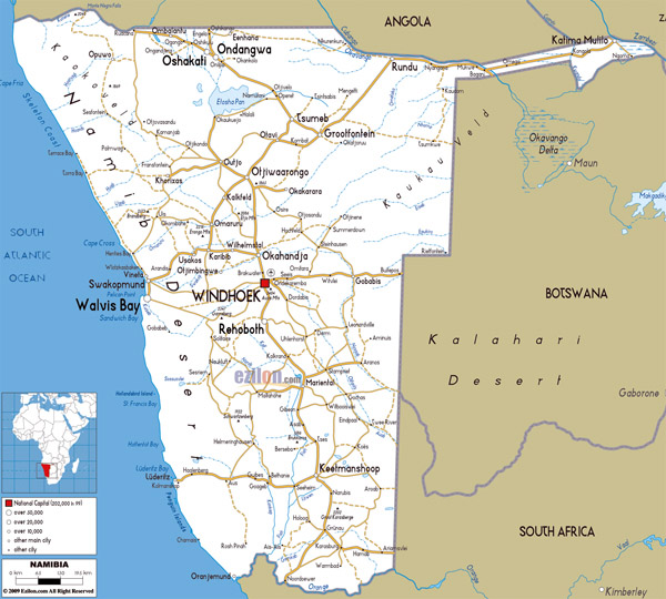 Large road map of Namibia. Namibia large road map.