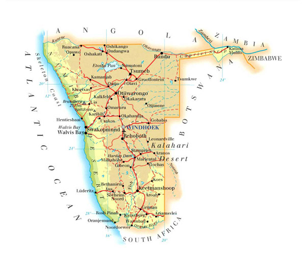 Physical and road map of Namibia. Namibia physical and road map.