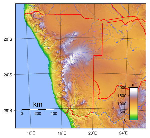 Physical map of Namibia. Namibia physical map.