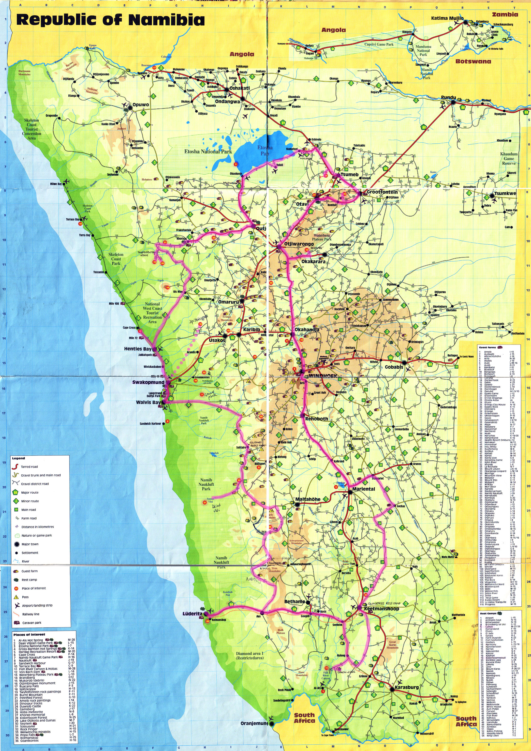 Large detailed travel map of Namibia. Namibia large detailed travel map