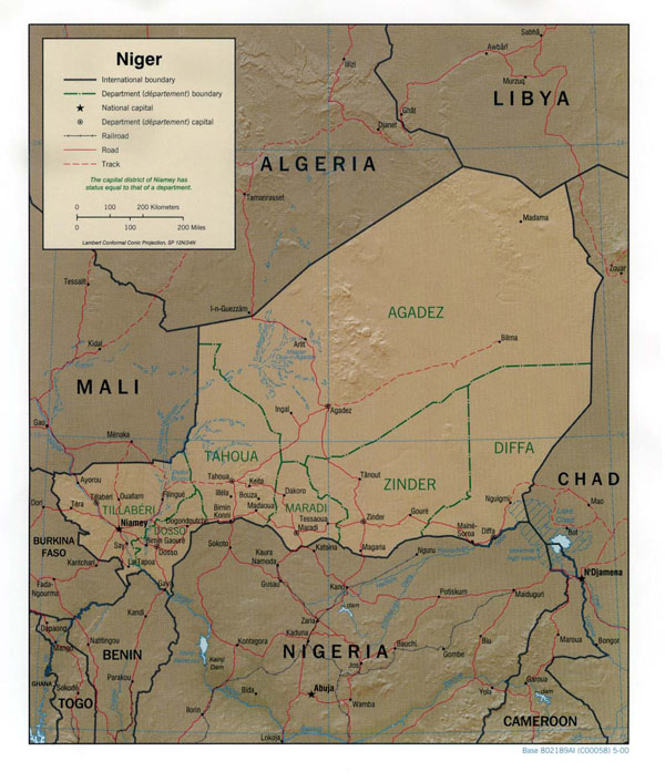 Detailed relief and political map of Niger. Niger detailed relief and political map.