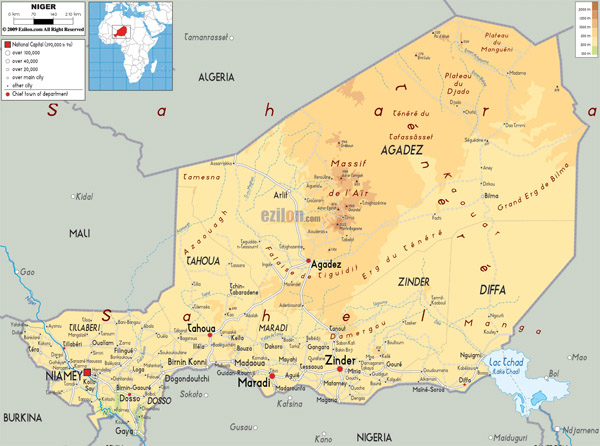 Large detailed physical map of Niger with all cities, roads and airports.