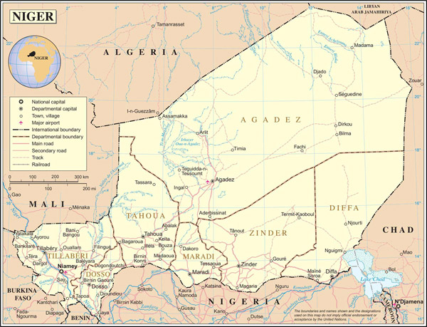 Large detailed political and administrative map of Niger with all cities, roads and airports.