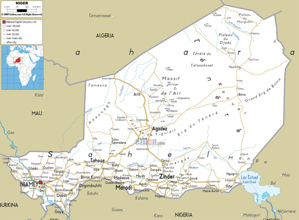 Large detailed road map of Niger with all cities and airports.