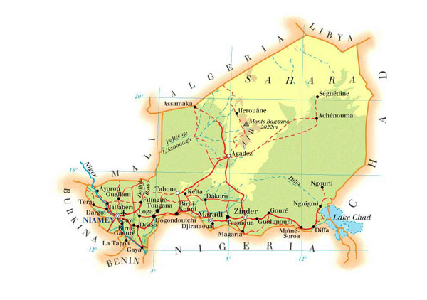 Physical map of Niger with cities, roads and airports.