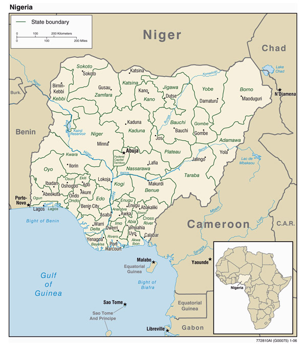 Administrative map of Nigeria with major cities.