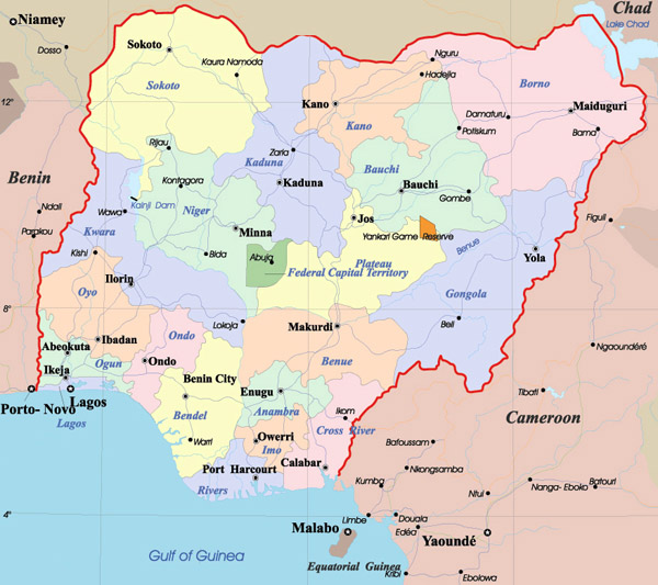 Detailed administrative map of Nigeria.