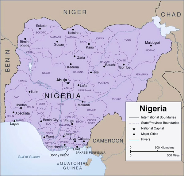 Detailed administrative map of Nigeria with cities.