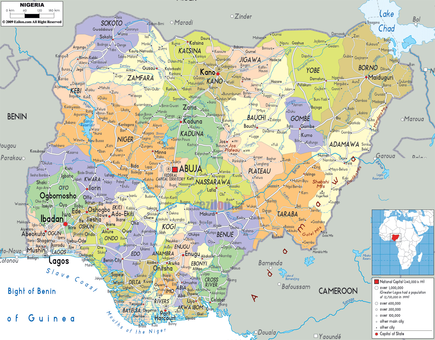 Detailed political and administrative map of Nigeria with all roads