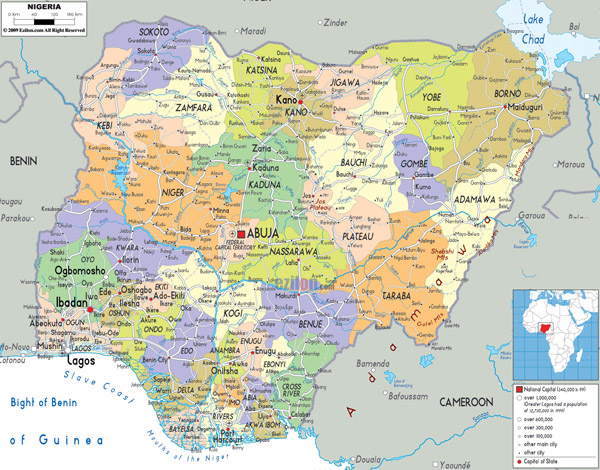 Detailed political and administrative map of Nigeria with all roads, cities and airports.