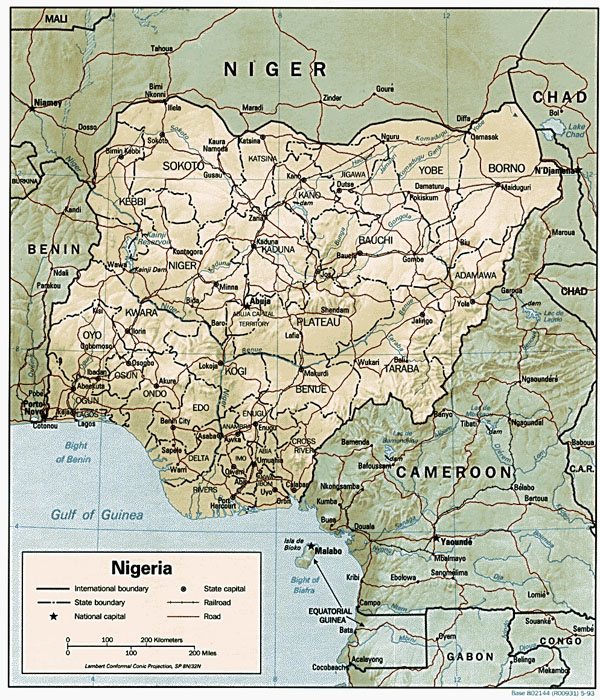 Detailed relief and political map of Nigeria.