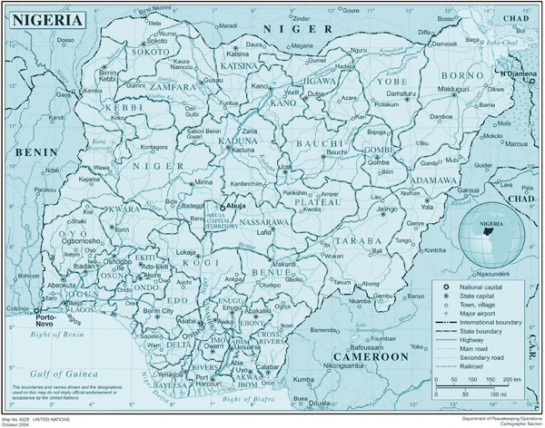 High resolution detailed administrative and political map of Nigeria with all cities, roads and airports.