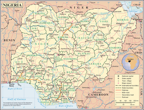 Large detailed political and administrative map of Nigeria with all roads, cities and airports.