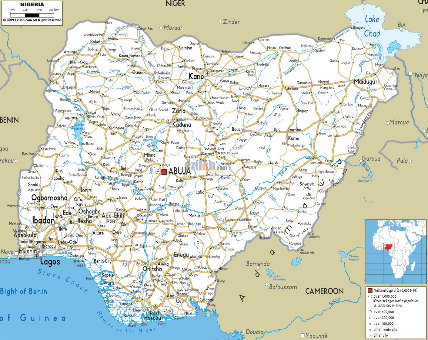 Large detailed road map of Nigeria with all cities, roads and airports