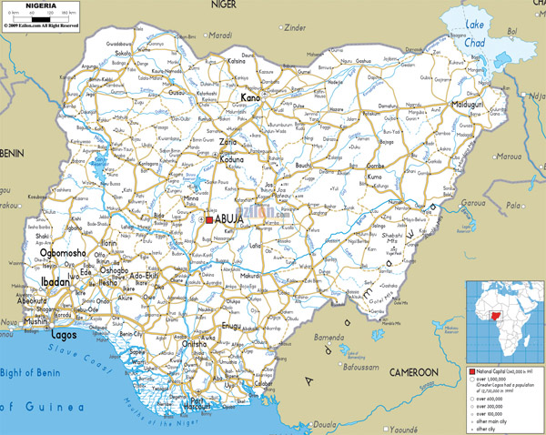 Large detailed road map of Nigeria with all cities, roads and airports.