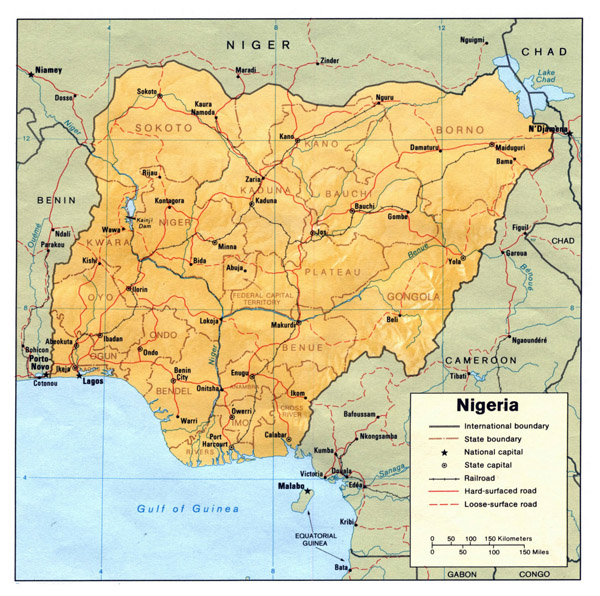 Nigeria political and relief map. Political and relief map of Nigeria.