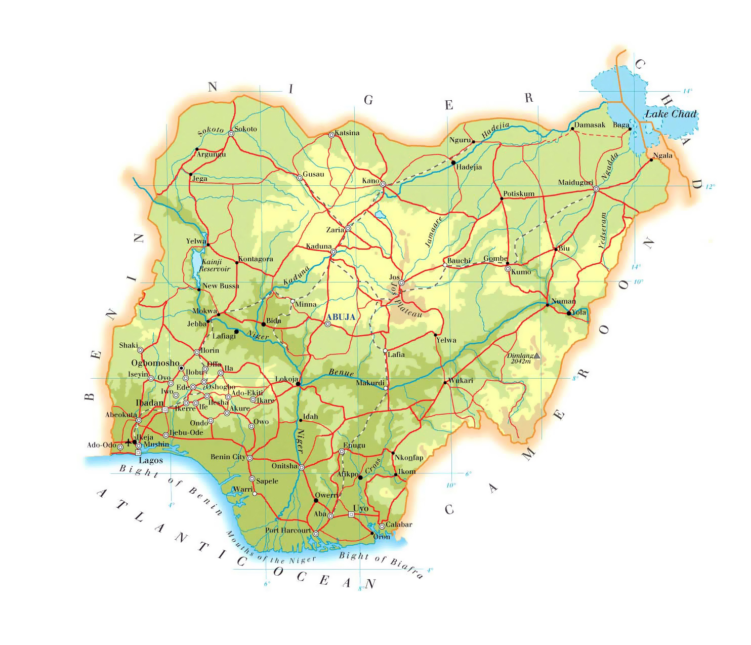 Physical and road map of Nigeria. Nigeria physical and road map