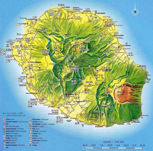 Detailed relief and travel map of Reunion. Reunion detailed relief and travel map.