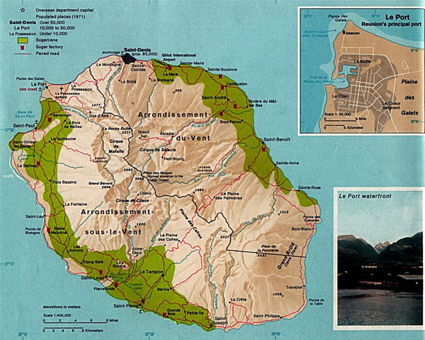 Large detailed relief and road map of Reunion with all cities.