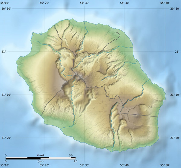 Large detailed relief map of Reunion. Reunion large detailed relief map.