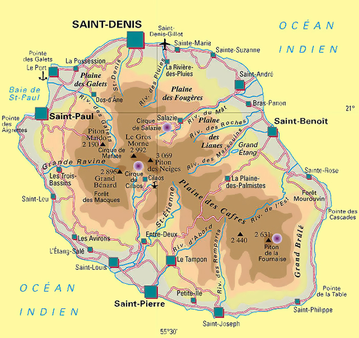 Physical map of Reunion. Reunion physical map.