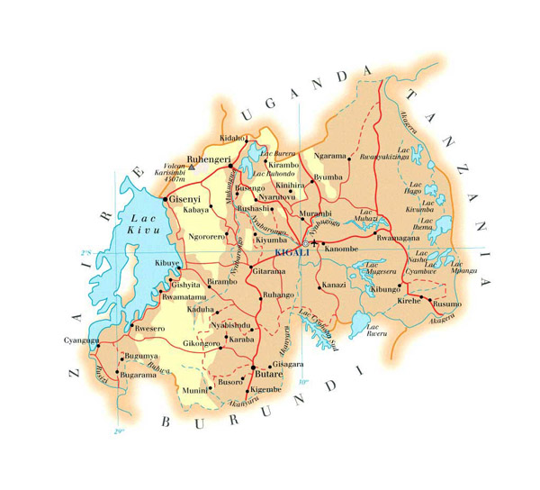 Detailed physical and road map of Rwanda. Rwanda detailed physical and road map.