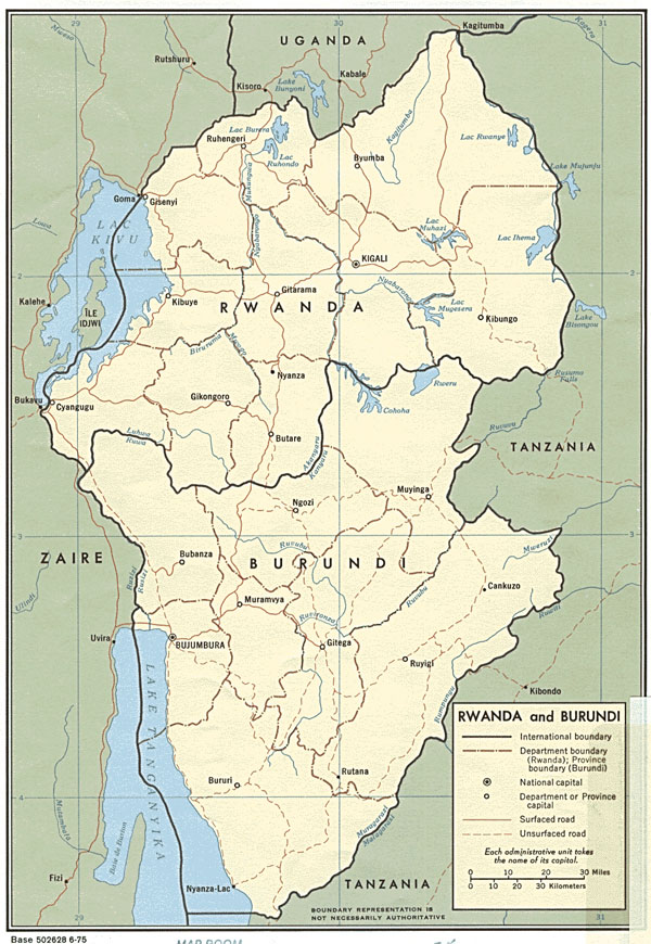 Detailed political and administrative map of Rwanda and Burundi.