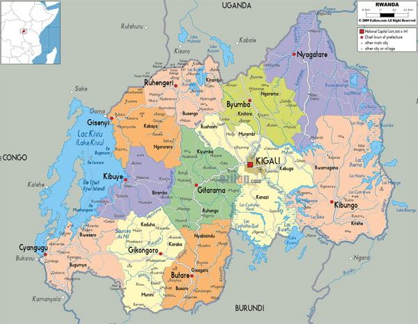 Detailed political and administrativemap of Rwanda with all cities, roads and airports.