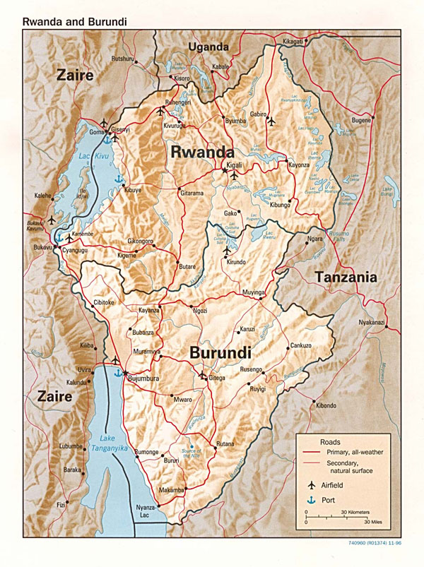 Detailed relief and political map of Rwanda and Burundi.