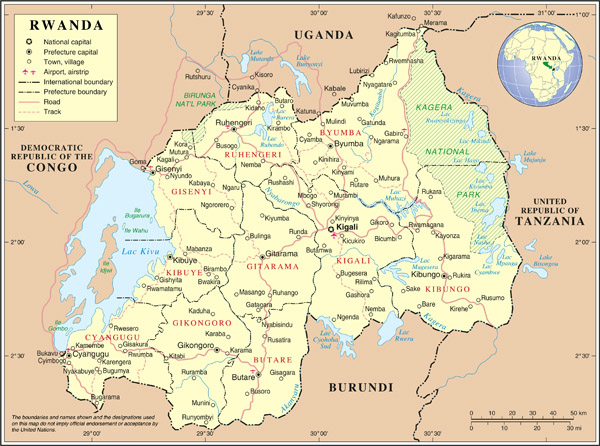 Large detailed political and administrative map of Rwanda with all cities, roads and airports.