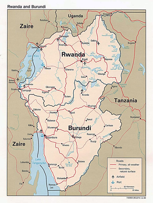 Political map of Rwanda and Burundi with cities.