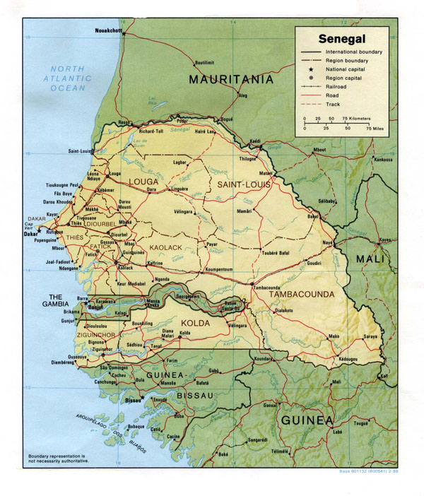 Detailed relief and political map of Senegal. Senegal detailed relief and political map.