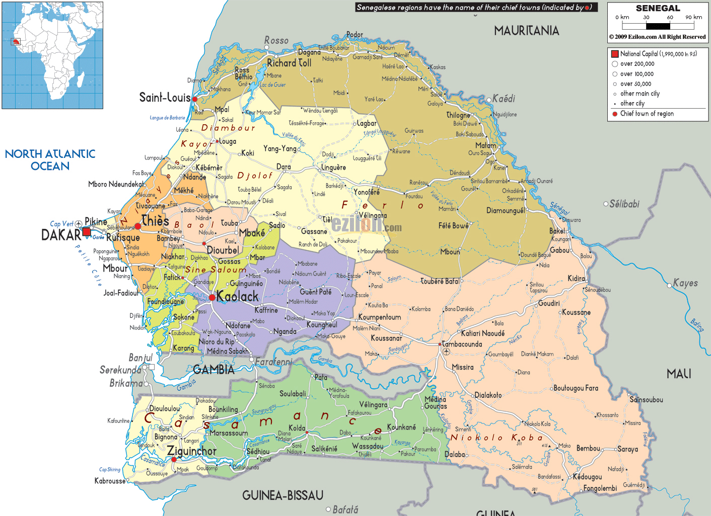Large detailed administrative map of Senegal with all cities, roads and