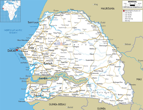 Large detailed road map of Senegal with all cities and airports.