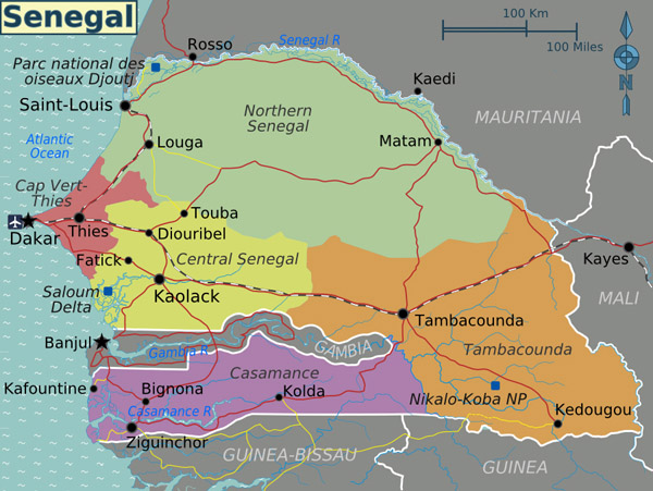 Political map of Senegal. Senegal political map.