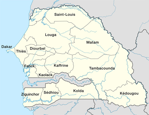 Senegal detailed provinces map. Detailed provinces map of Senegal.