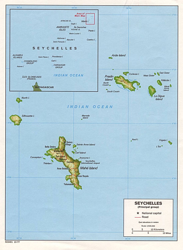 Detailed relief and political map of Seychelles. Seychelles detailed relief and political map.