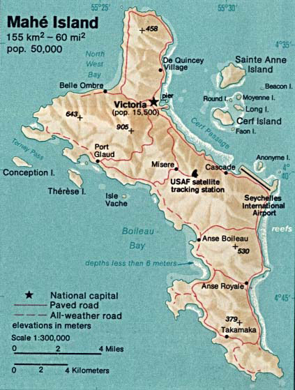 Detailed relief and road map of Mahe Island. Mahe Island detailed relief and road map.