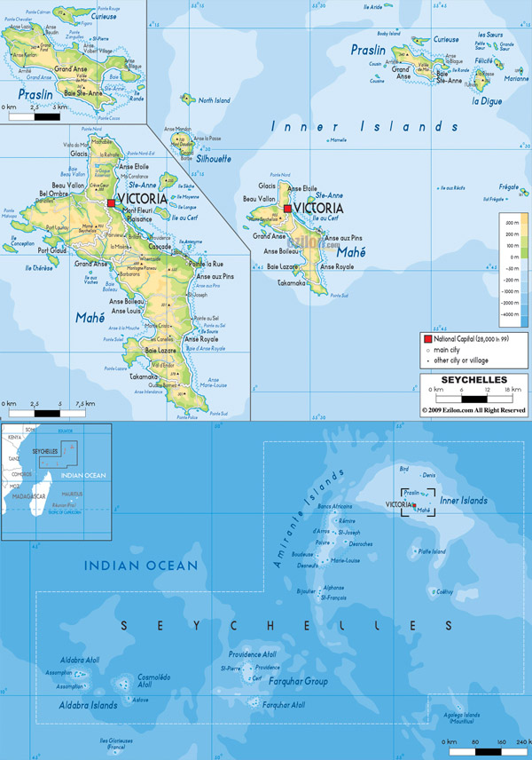 Large detailed physical map of Seychelles with all cities, roads and airports.