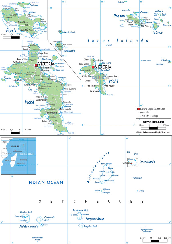 Large detailed political and road map of Seychelles with all cities and airports.