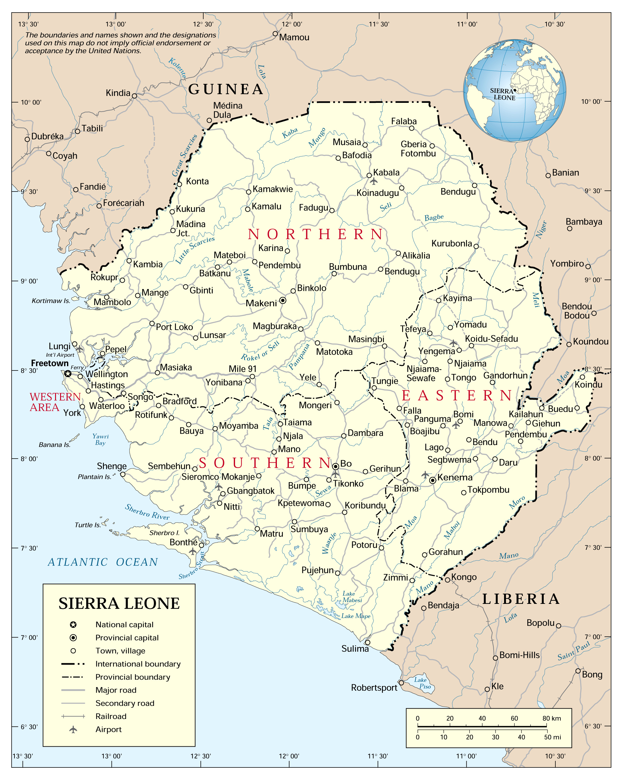 Administrative map of Sierra Leone with all cities. Sierra Leone