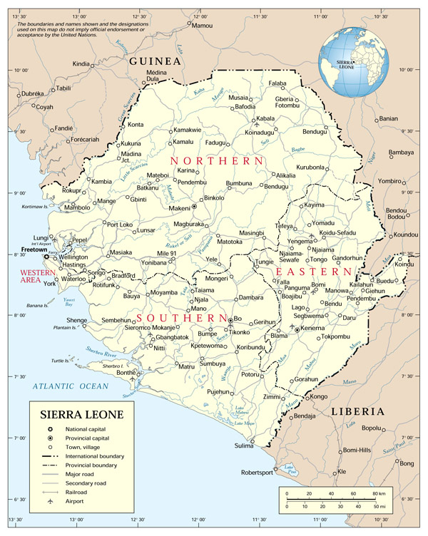 Administrative map of Sierra Leone with all cities.