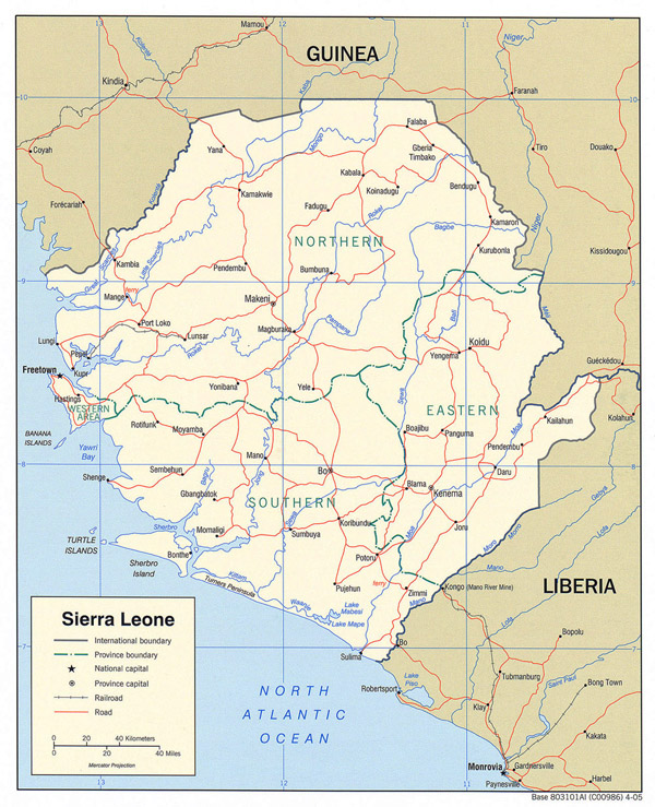 Detailed political and administrative map of Sierra Leone with all roads and cities.