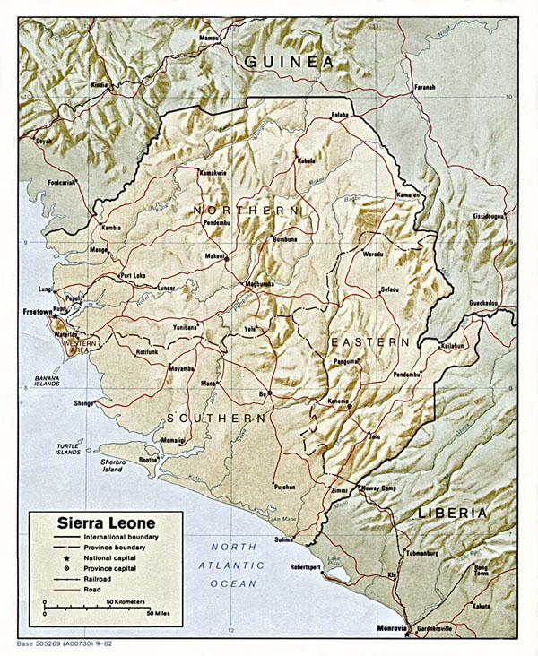 Detailed relief and political map of Sierra Leone.