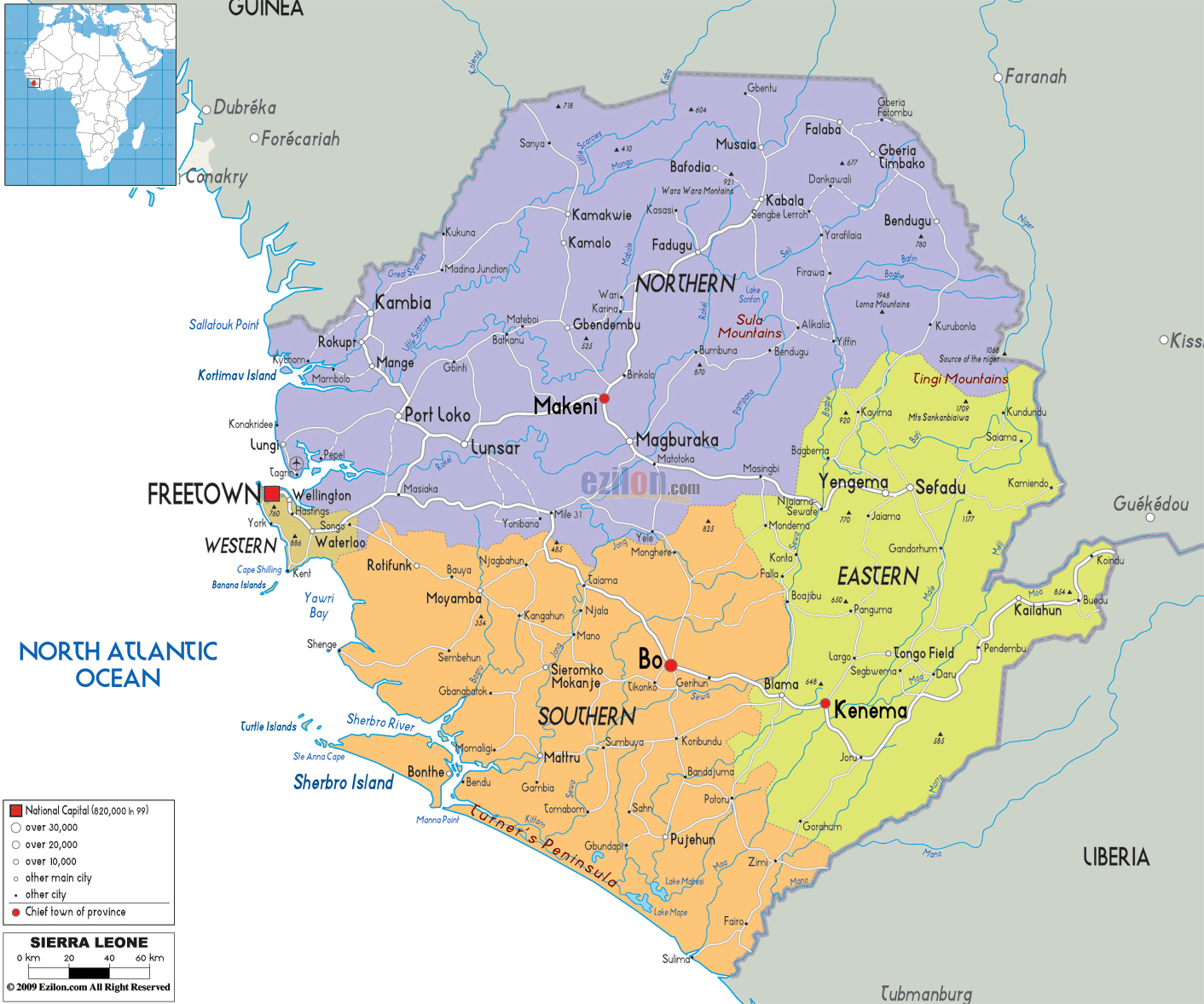 Large detailed administrative map of Sierra Leone with all roads
