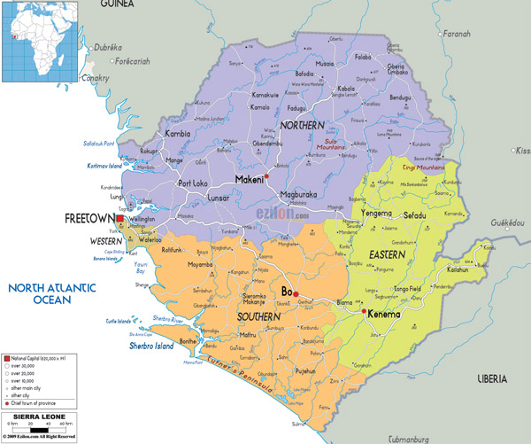 Large detailed administrative map of Sierra Leone with all roads, cities and airports.